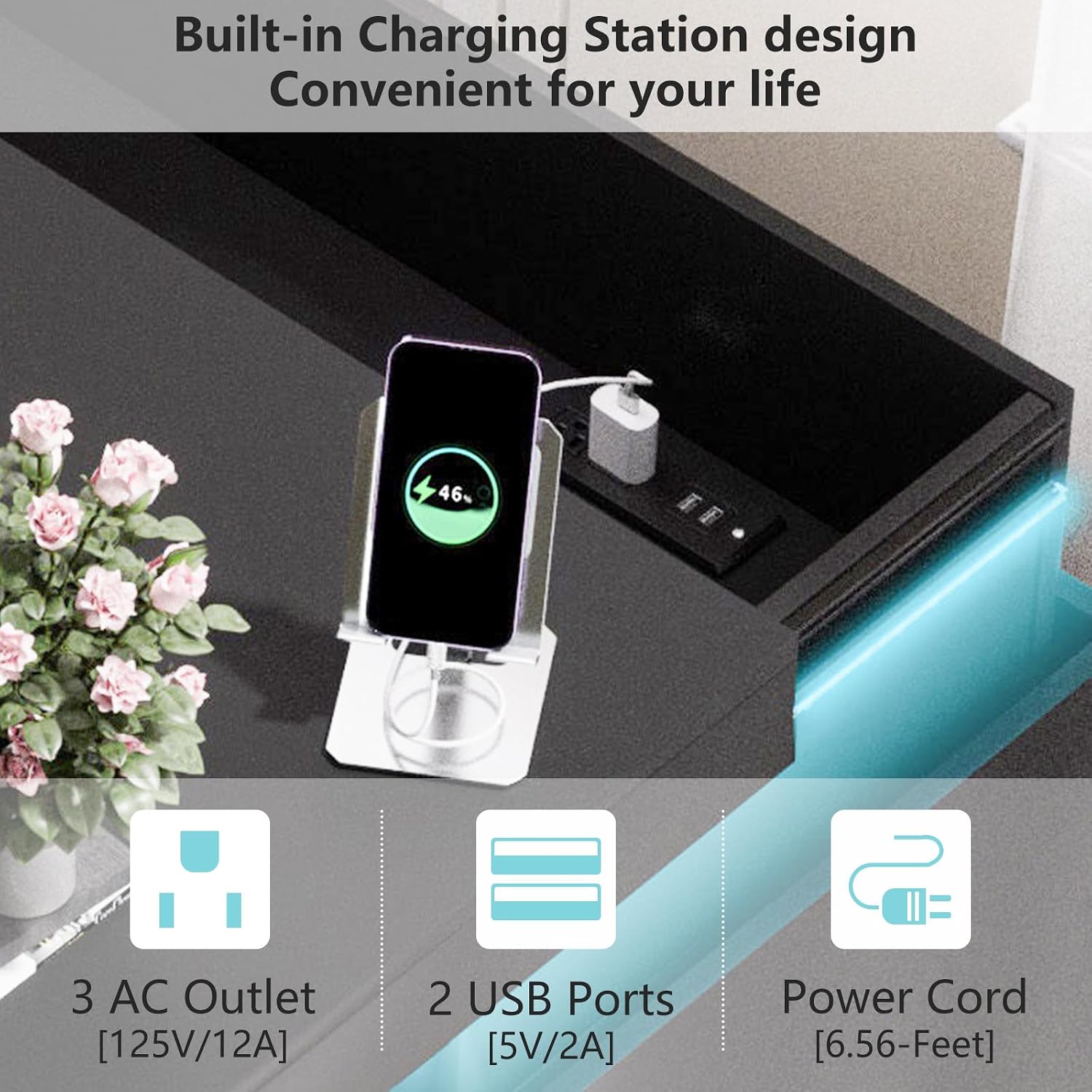 Black Nightstand with Charging Station and LED Lights,30.5 Inch Tall Night Stand with Sliding Top for Bedroom, Bedside Table with 3 Drawers, Modern End Side Table for Living Room