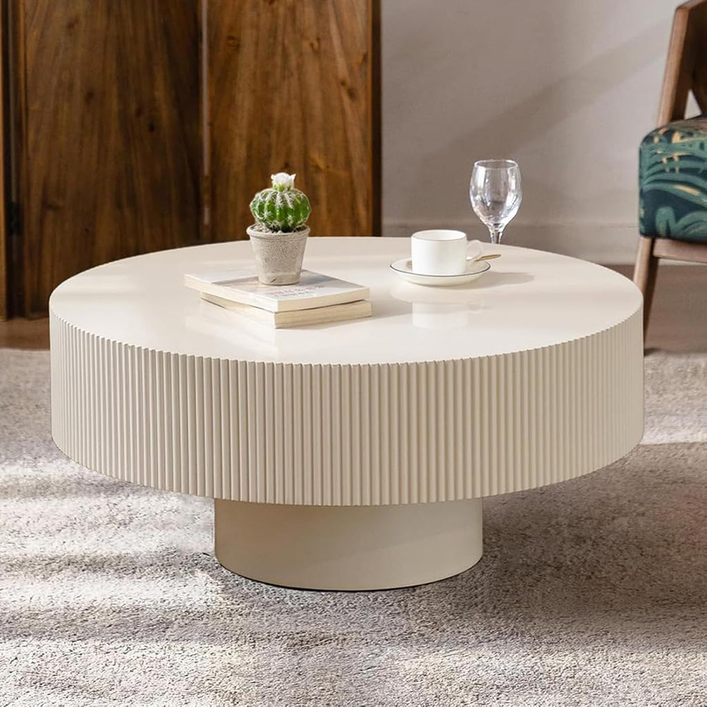 Round Fluted Coffee Table Round Drum Coffee Table for Living Room Modern Circular Pedestal Center Table (Circle Ivory White 30.9in)