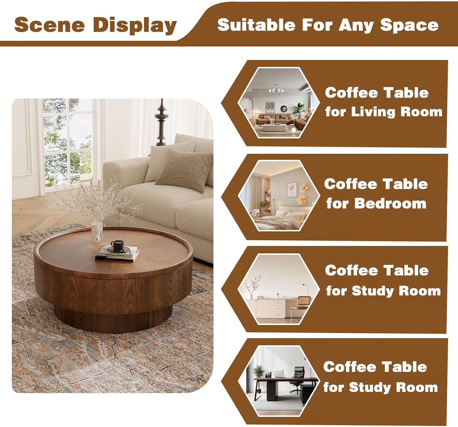 Round Drum Coffee Table White Fluted Coffee Table Circle Center Table Pedestal End Table for Apartment (Brown Round)
