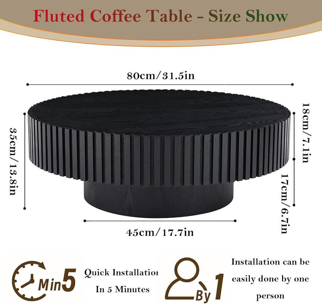 Black Fluted Coffee Table Mid Century Circle Center Tables for Living Room Chic Round Drum End Table for Small Space Easy Assembly (Round Black 31.5in)