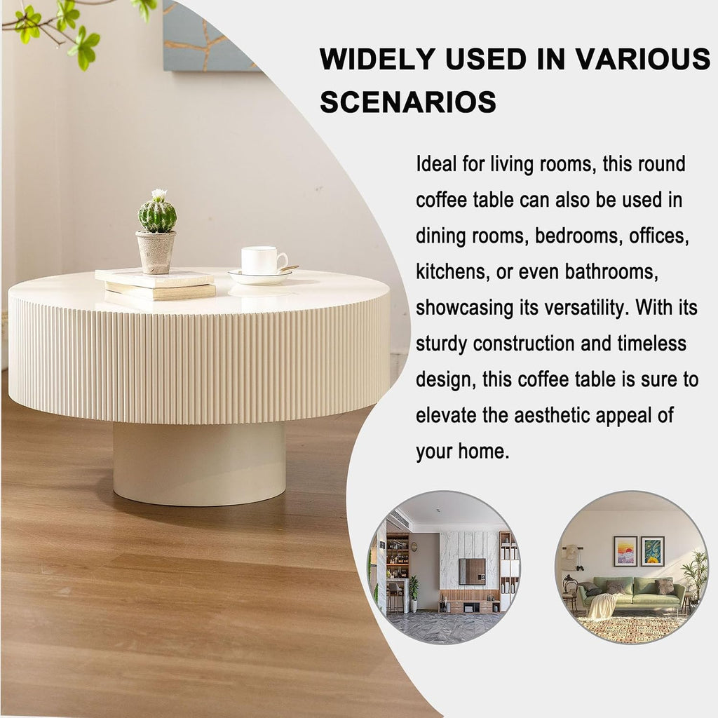 Round Coffee Table, Handcrafted Fluted Drum Coffee Tables Modern Wood Coffee Table Circle Drum Center Table for Living Room, Apartment (White Thick)