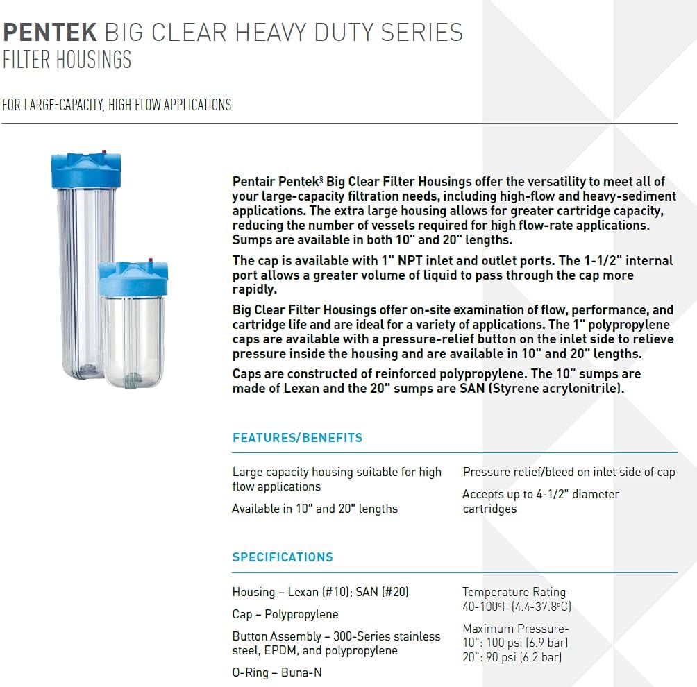 Pentair Pentek 166201 Big Clear Filter Housing, 1' NPT, 20-Inch, Clear Sump, Pressure Relief Button, Fits 20' x 4.5' Cartridges, Whole House
