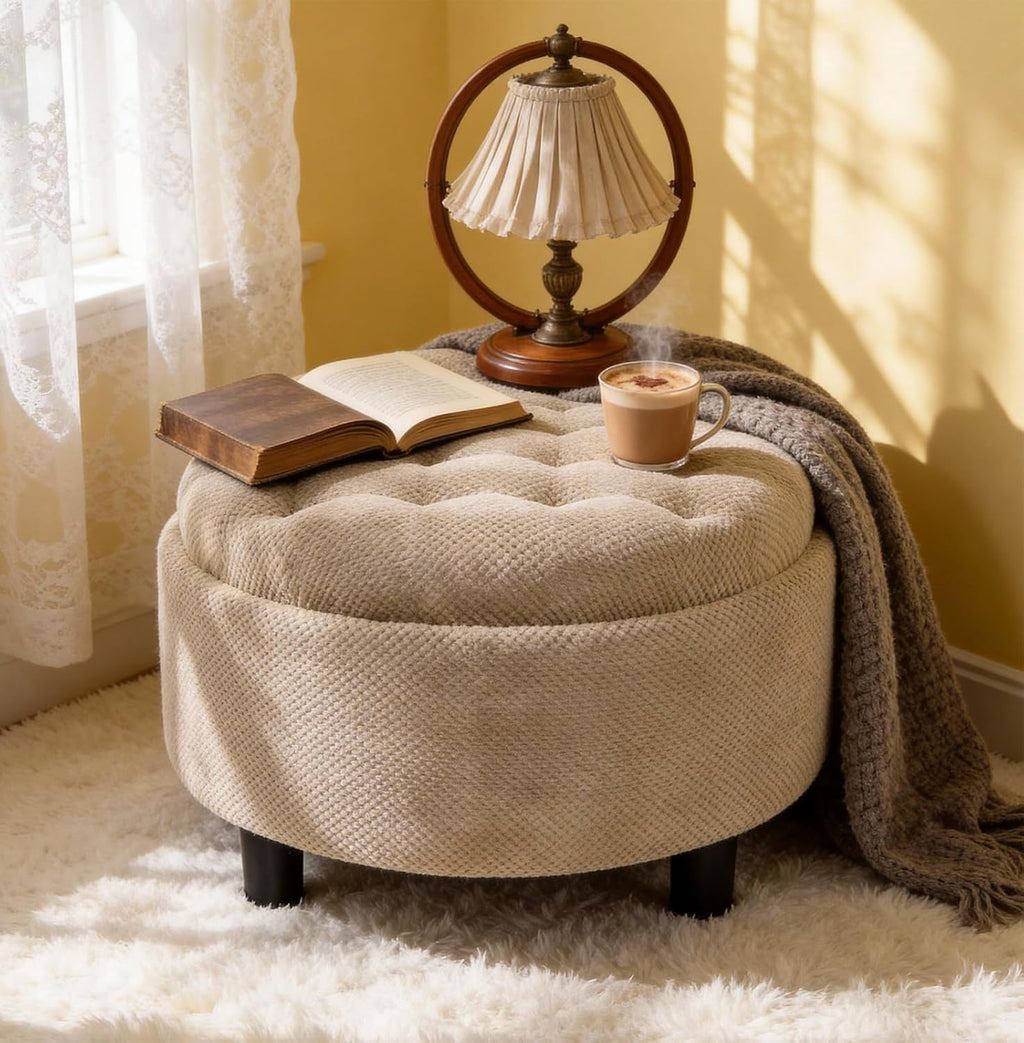 Round Storage Ottoman with Reversible Tray Lid, 25' Upholstered Button Tufted Coffee Table with Storage Foot Rest Stool for Living Room, Bedroom, Entryway, Camel