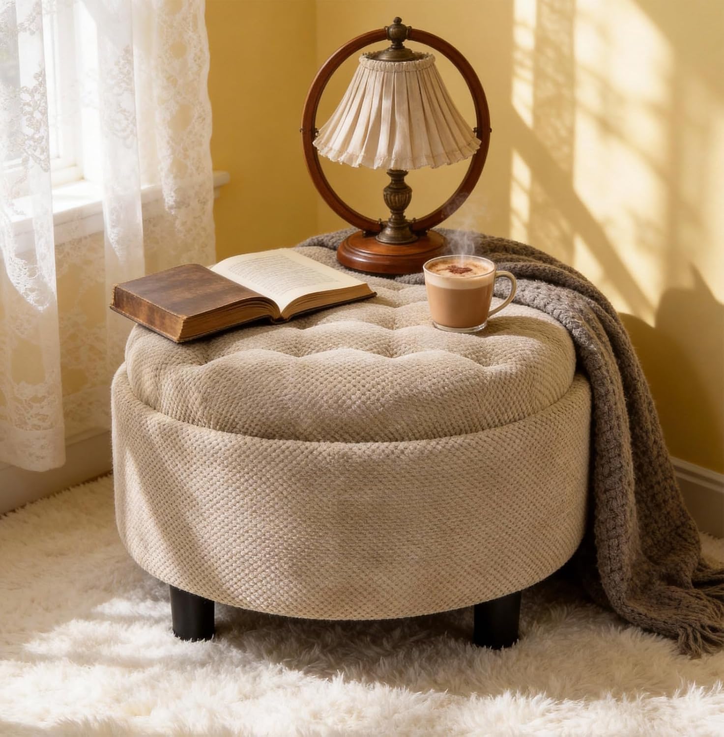 Round Storage Ottoman with Reversible Tray Lid, 25' Upholstered Button Tufted Coffee Table with Storage Foot Rest Stool for Living Room, Bedroom, Entryway, Camel