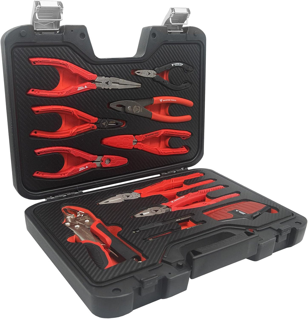 VAMPLIERS 10-PC Stripped Screw Extractor Tool Set with Toolbox Storage Case: 8x Made in Japan Screw Removal Pliers, 1x Vise-Grip Locking Plier & 1x Recessed Screw Extractor.
