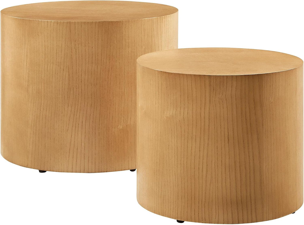 Modway Amani Nesting Coffee Table Set of 2 in Natural - Modern Round Drum Tables - Stackable End Tables for Small Spaces - Circle Side Table Set for Living Room