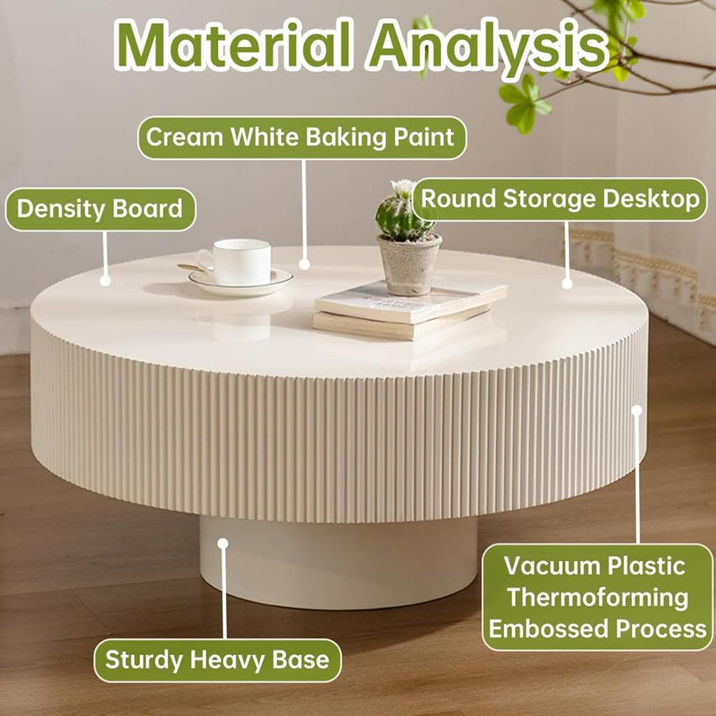 Round Fluted Coffee Table Round Drum Coffee Table for Living Room Modern Circular Pedestal Center Table (Circle Ivory White 30.9in)