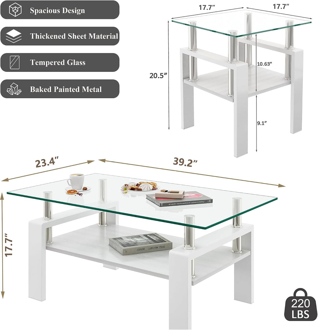 White Glass Coffee Table Sets of 3 for Living Room, Mordern End Table Sofa Side Tables, Metal Leg and Wood Storage 2 Tier, Rectangle