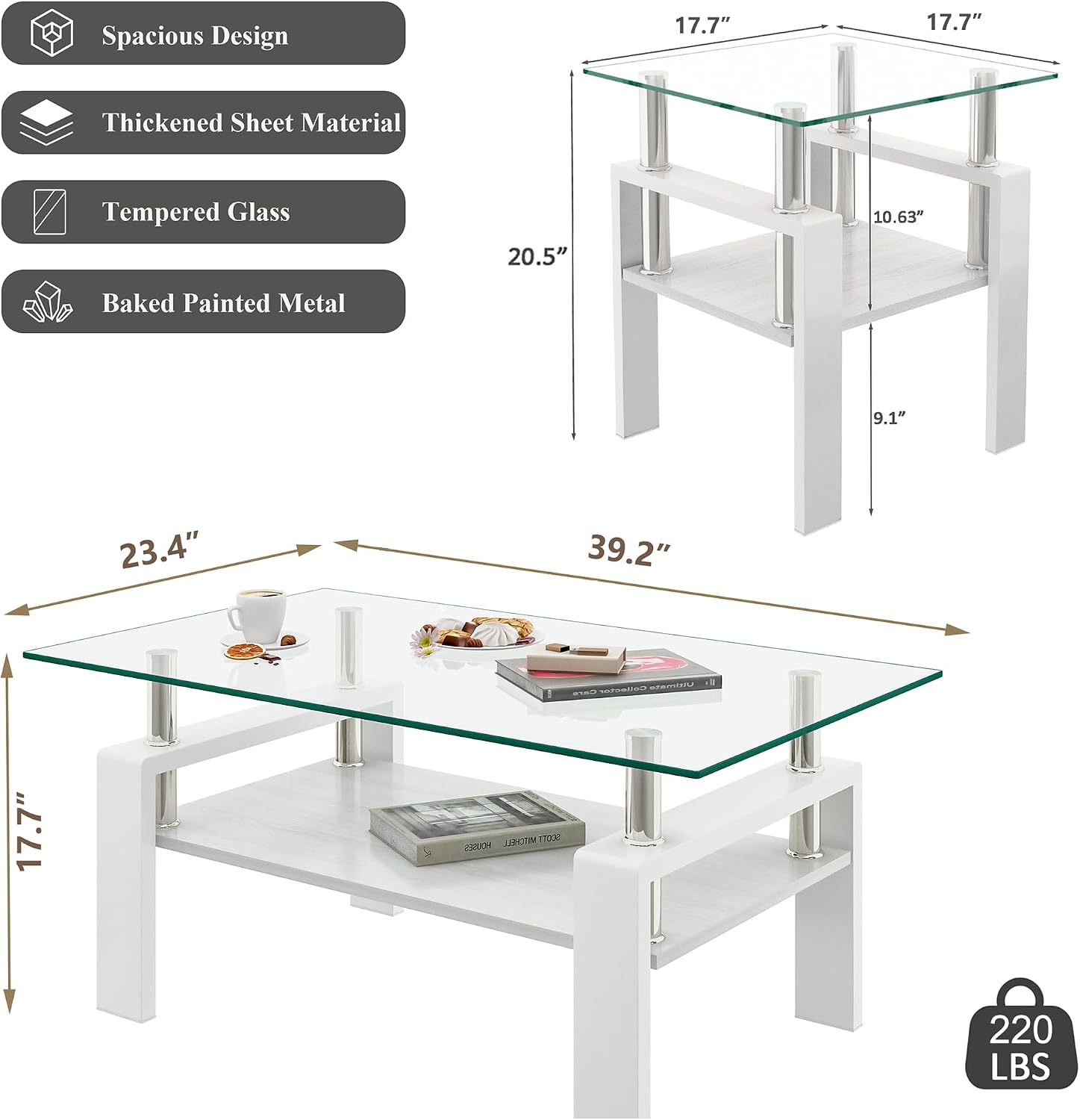 White Glass Coffee Table Sets of 3 for Living Room, Mordern End Table Sofa Side Tables, Metal Leg and Wood Storage 2 Tier, Rectangle
