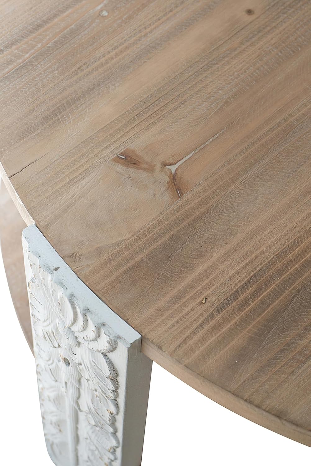 31.5'' Round Wood Coffee Table 2-Tier Circle Craft Rustic Coffee Table for Living Room, Modern Retro Farmhouse Style, Carved Leg & Easy Assembly, Brown & White