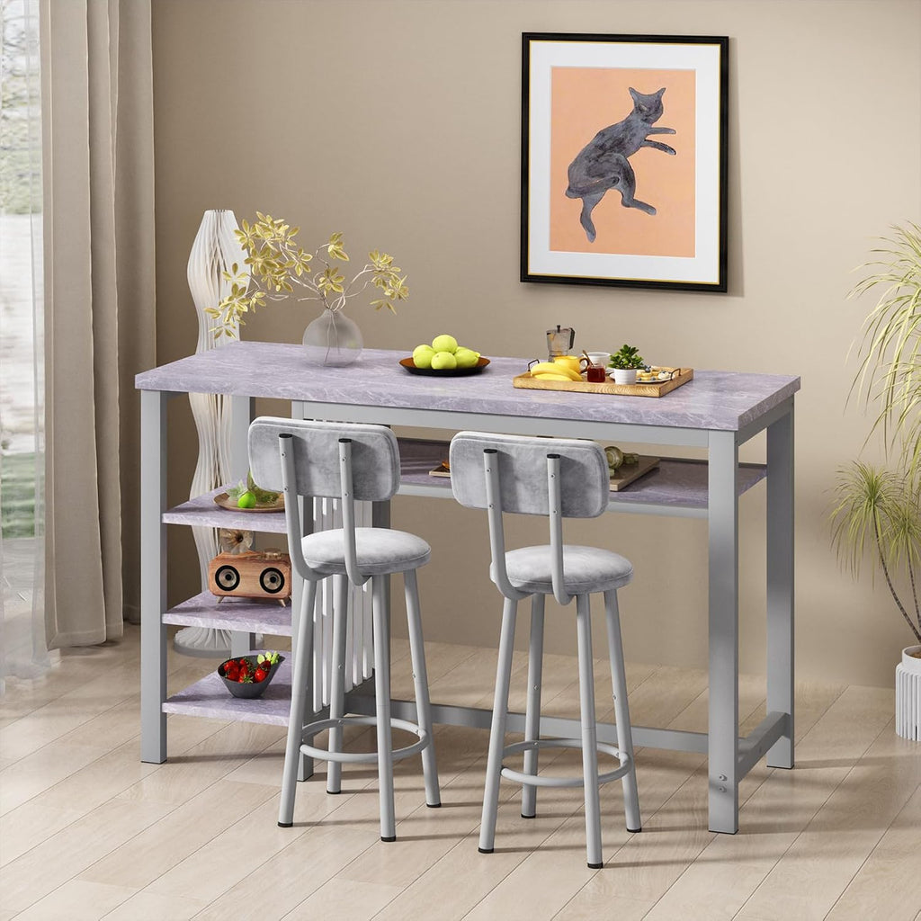 AWQM 3-Piece Bar Table and Chairs Set, Modern Glay Table with 2 PU Cushion Bar Stools, Kitchen Counter with 3 Tier Storage Shelves, Space Saving Table for Home & Kitchen, Black Frame