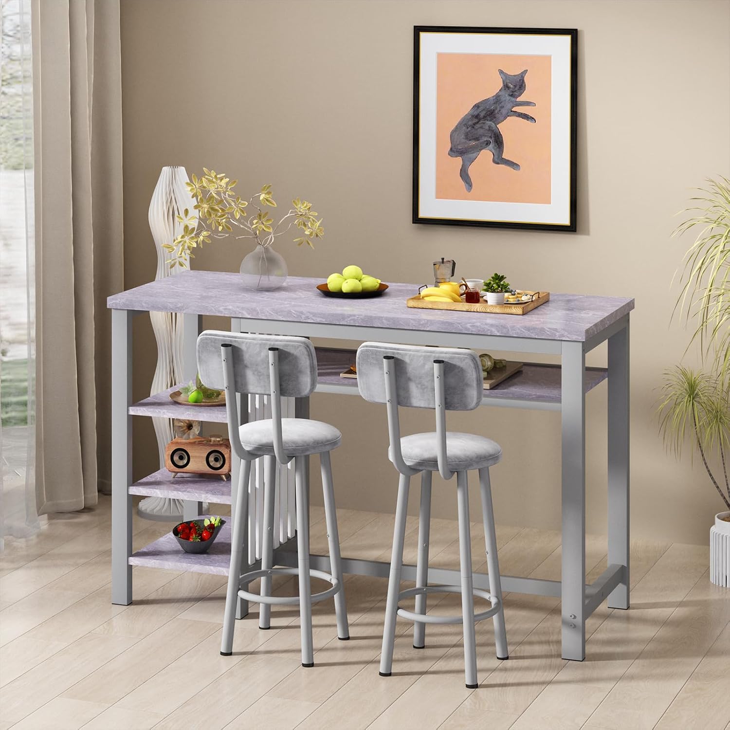 AWQM 3-Piece Bar Table and Chairs Set, Modern Glay Table with 2 PU Cushion Bar Stools, Kitchen Counter with 3 Tier Storage Shelves, Space Saving Table for Home & Kitchen, Black Frame
