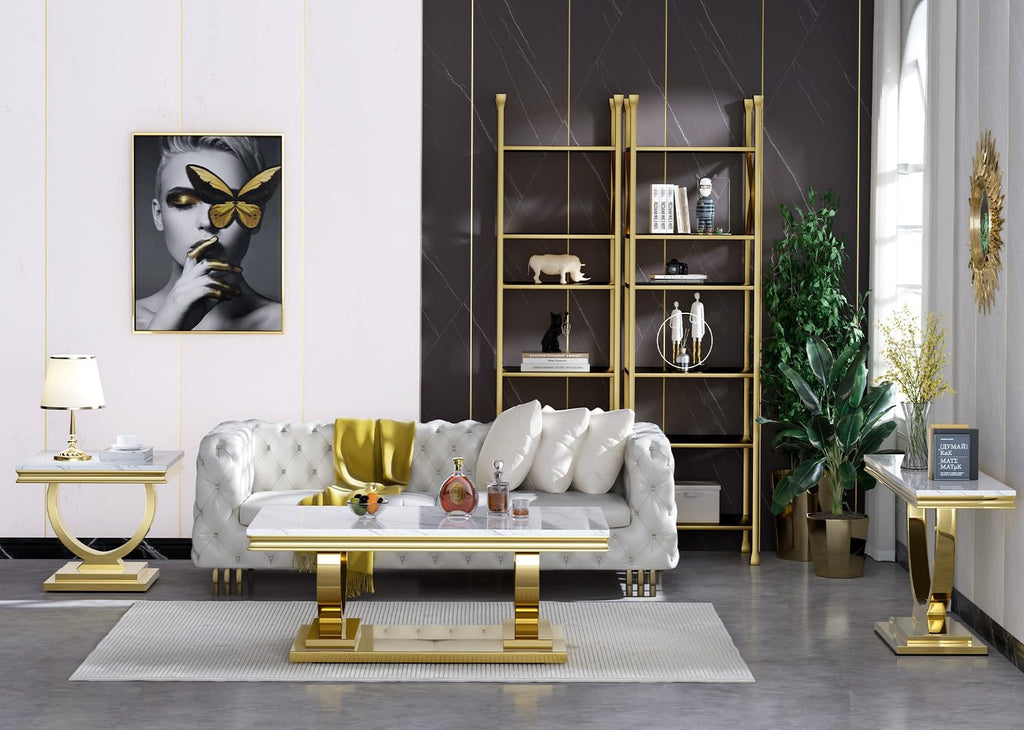 3 Pieces Living Room Table Set, Faux Marble Coffee Table Set of 3, Modern Coffee Table, Console Table and End Table with O-Shaped Stainless Steel Base for Living Room Office (White Gold)