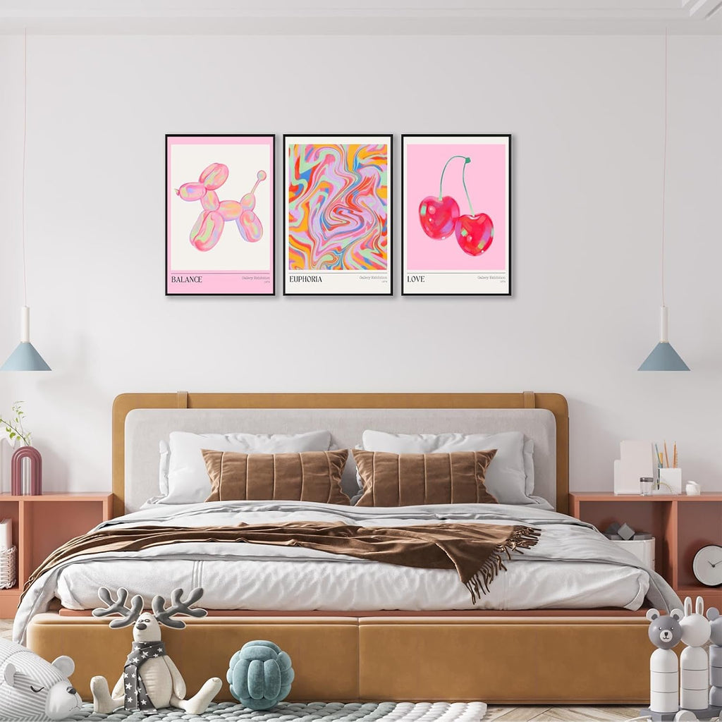Trendy Set Of 3 Pink Cherry Cute Balloon Dog Posters Preppy Style Room Aesthetic Canvas Wall Art Gradient Aura Fresh Fruit Prints Painting For Home Bedroom Dorm Wall Decor 16X24in Black Frame