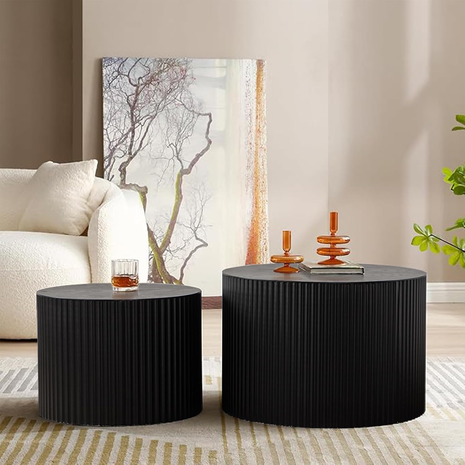 Nesting Coffee Table Set of 2 Wood Circle Drum Coffee Tables Set Contemporary Fluted Coffee Table Round Wooden Coffee Tables for Living Room & Small Space (Black, 27.5 +19.6in)