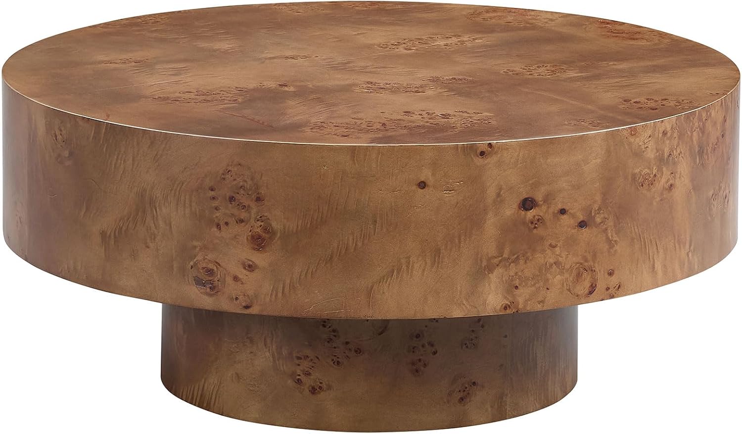 WILLIAMSPACE 31.49' Round Coffee Table with Burl Wood Veneer & Pedestal, Modern Wood Circle Drum Center Table for Living Room, Circular Accent Side End Table for Apartment, 13.77' H (Walnut Burl)