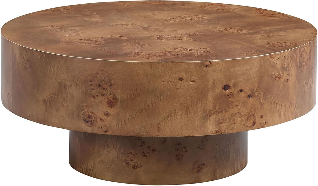 31.49'' Round Coffee Table Modern Wood Coffee Table for Living Room, Contemporary Circle Drum Pedestal Style, Burl Wood Veneer, Easy Assembly, Walnut