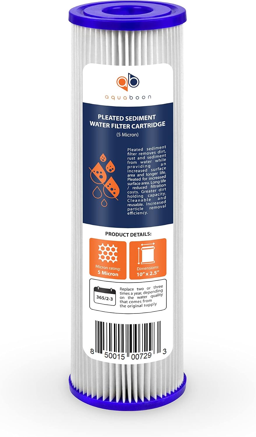 Aquaboon 5 Micron 10x2.5 Whole House Pleated Sediment Filter Cartridge for Well Water Filter Replacement Compatible with WFPFC3002, WHKF-WHPL, 25-Pack
