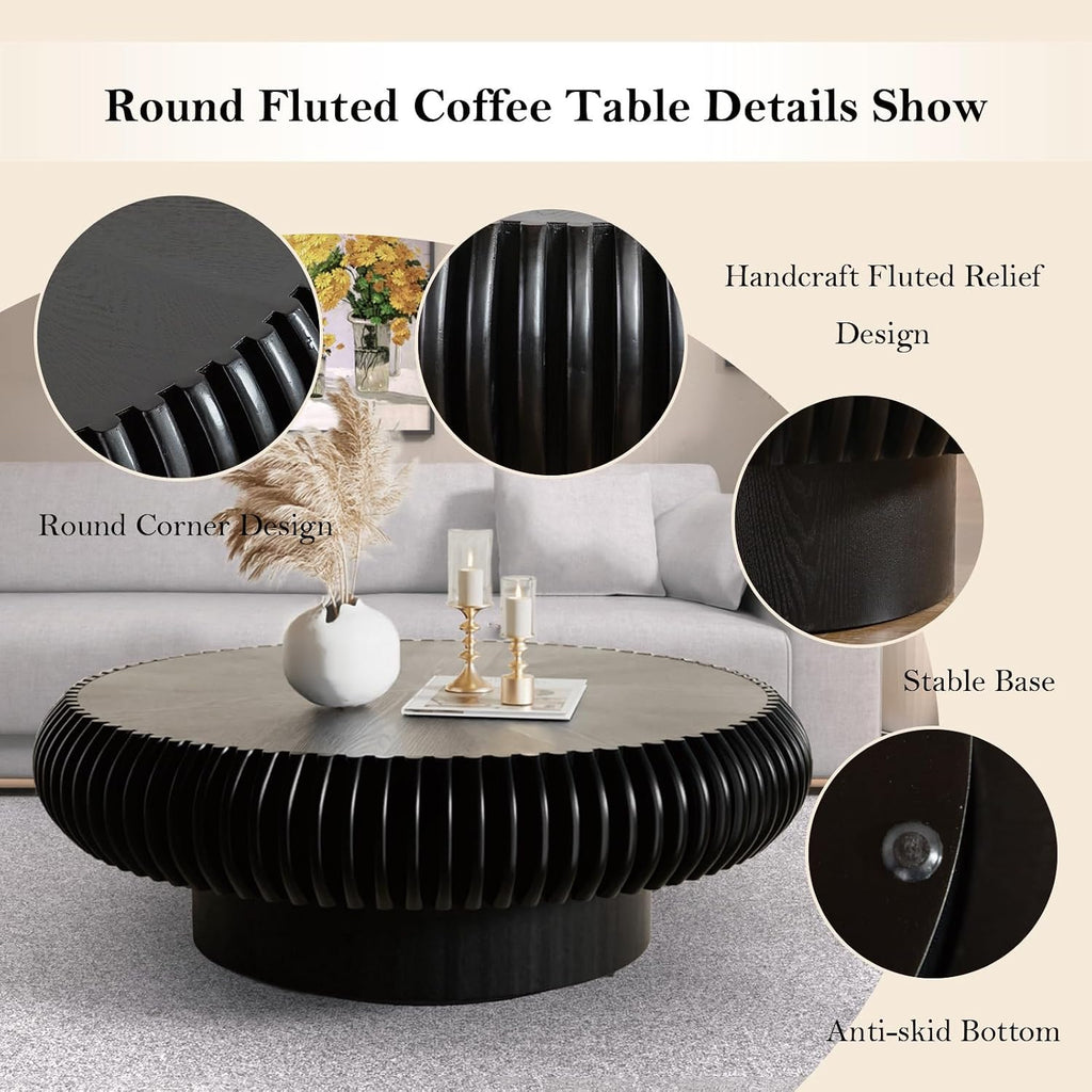 39.37' Round Fluted Coffee Table Unique Contemporary Wood Low Circle Drum Tea Tables with Sturdy Pedestal for Small Space (H Black 39.37in)