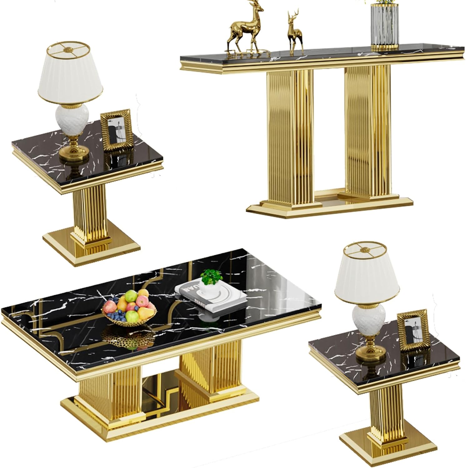 4 Pieces Coffee Table Set, Faux Marble Living Room Table Set of 4, Modern Coffee Table, Console Table and 2 End Tables with Column-Shaped Stainless Steel Base for Living Room Office (Black Gold)