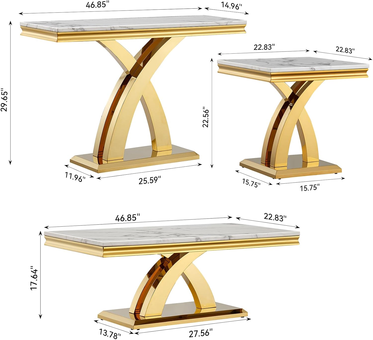 3 Pieces Coffee Table Set, Faux Marble Living Room Table Set of 3, Modern Coffee Table, Console Table and End Table with X-Shaped Stainless Steel Base for Living Room (White Gold)