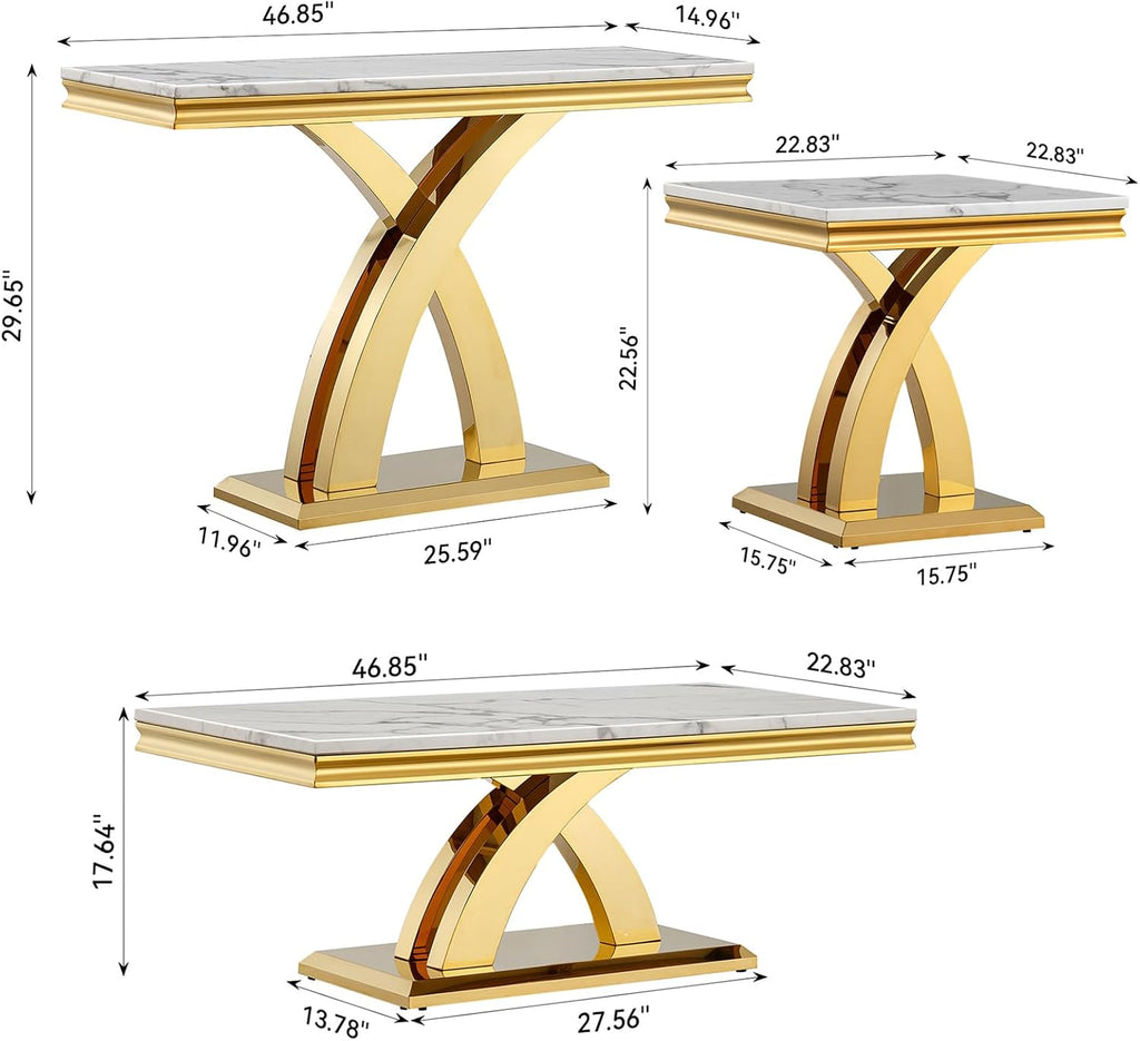 Marble Coffee Table Set of 4, 4 Piece Living Room Table Set Include 1 Coffee Table & 2 End Tables & 1 Console Table, Modern White Gold Coffee Sofa Table Sets with Double X Shape Stainless Steel Base