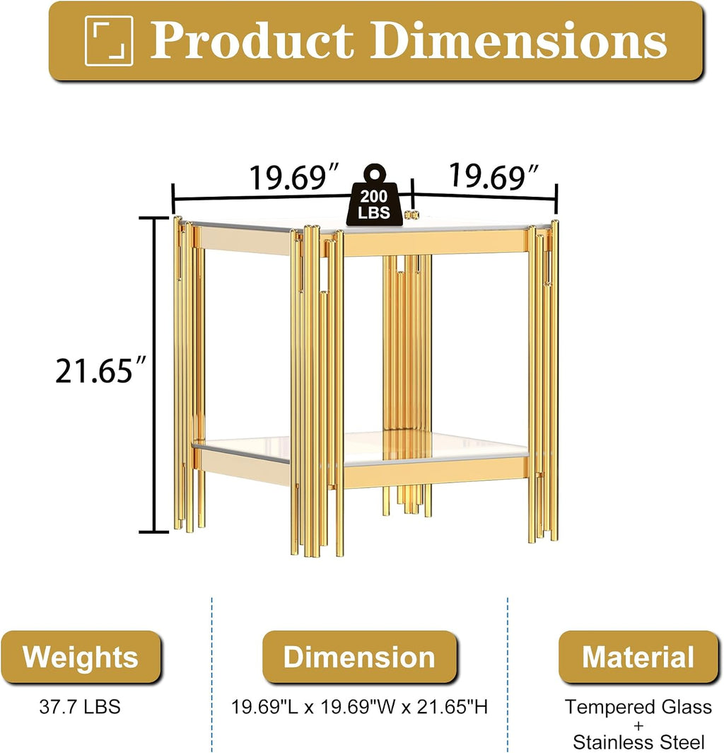 AF ARTISAN FURNITURE 2-Tier Glass End Table Modern Square Living Room Table Sofa Side Table, Stainless Steel Metal Leg Tempered Glass Small Corner Table, Clear&Gold