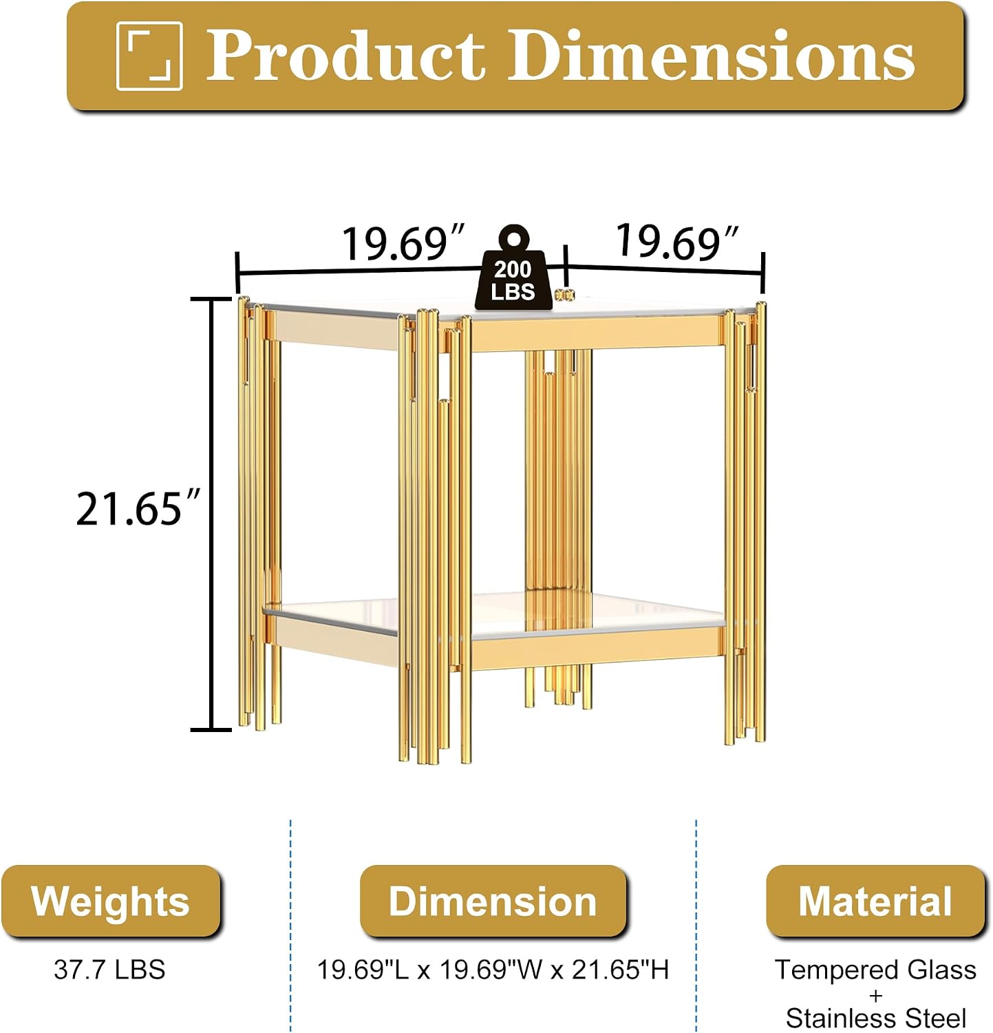 AF ARTISAN FURNITURE 2-Tier Glass End Table Modern Square Living Room Table Sofa Side Table, Stainless Steel Metal Leg Tempered Glass Small Corner Table, Clear&Gold