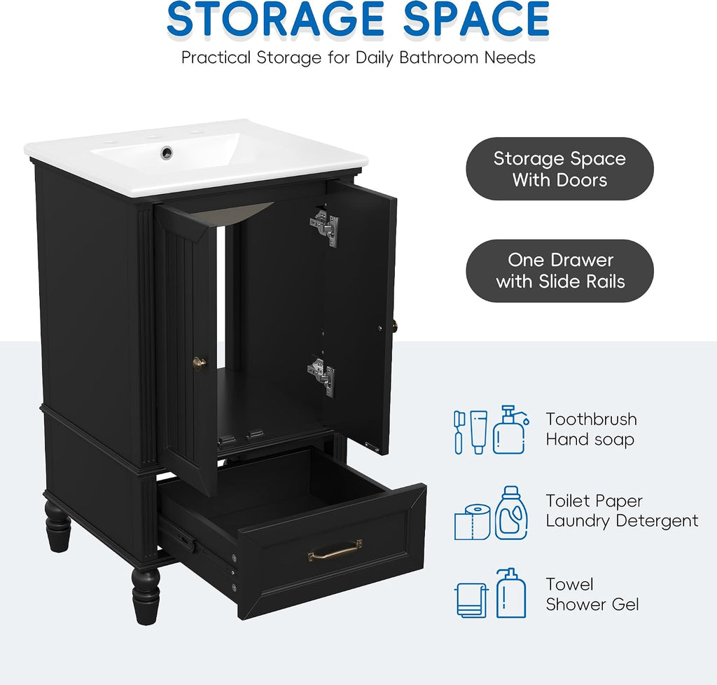 Stylish 20' Black Bathroom Vanity with Sink - Durable MDF Cabinet with 2 Doors, Adjustable Foot Pads, Drawer & Magnetic Door Stopper for Modern Homes