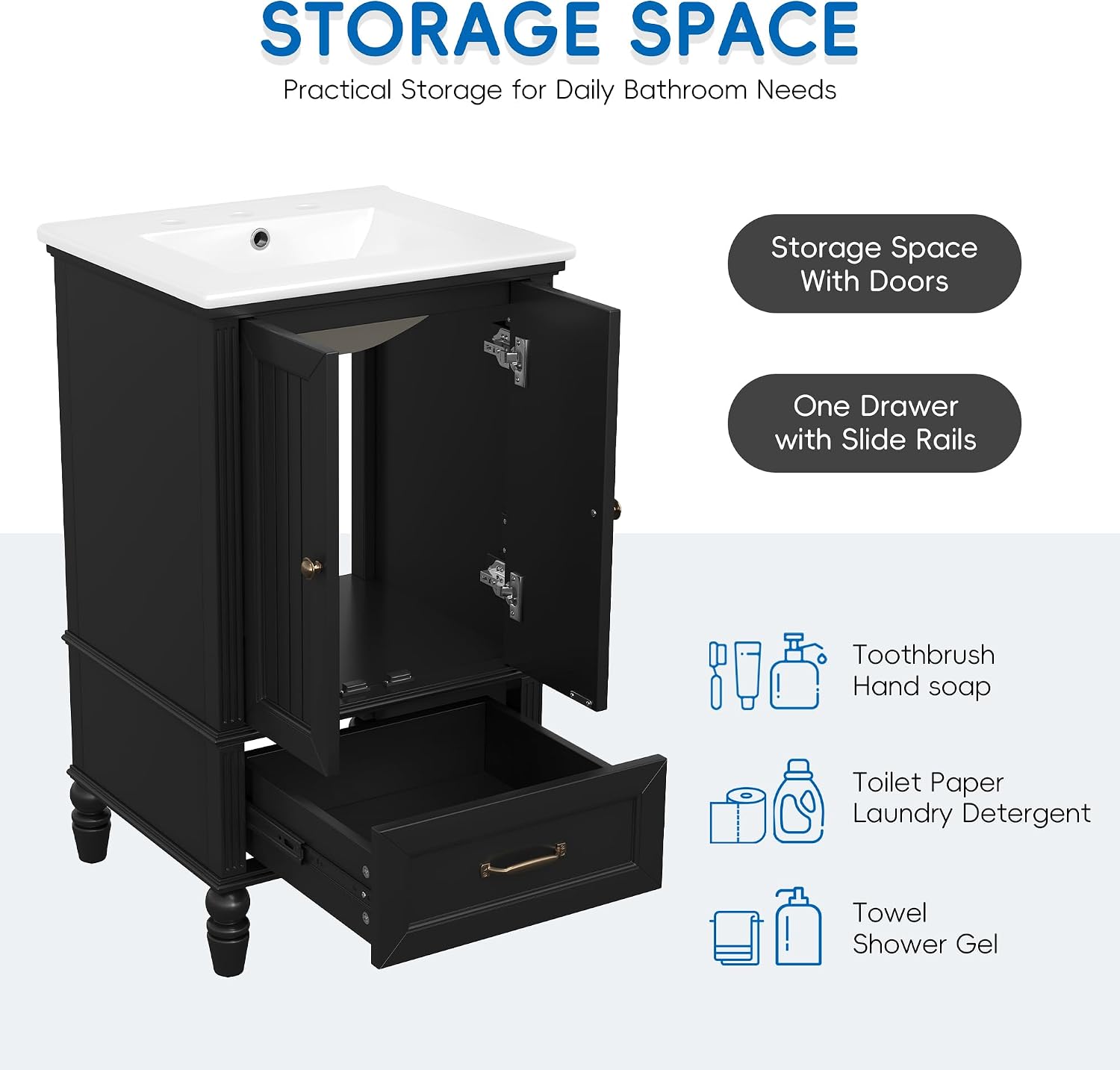 Stylish 20' Black Bathroom Vanity with Sink - Durable MDF Cabinet with 2 Doors, Adjustable Foot Pads, Drawer & Magnetic Door Stopper for Modern Homes