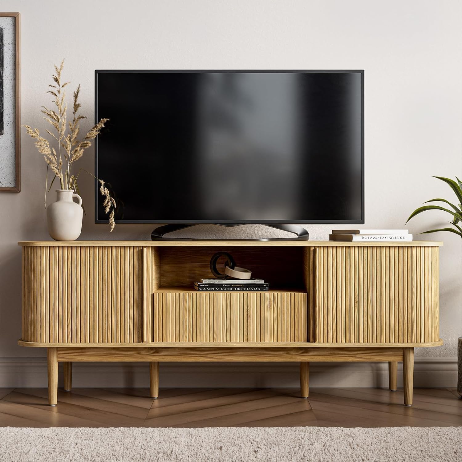 MAISONARIA Living Room Table Sets of 4, Sliding Doors End Table & TV Stand, Wood Coffee Table with Storage, Fluted TV Stand for Bedroom, Living Room (Natural)