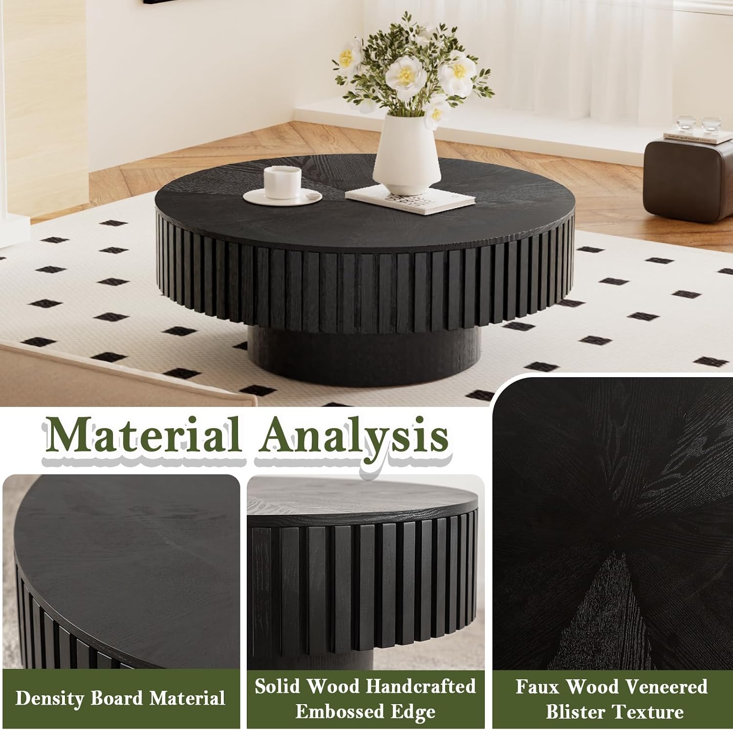 Round Coffee Table with Storage Modern Round Storage Coffee Table Black Fluted Drum Coffee Table Low Circle Coffee Tables for Living Room (Black B, 31.4')