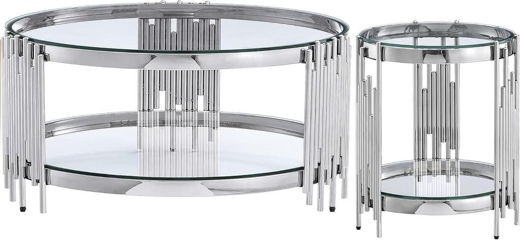 Luxury Glass Round Coffee Table Set of 2, Glass Circle Coffee Table and Clear Glass Side Table with Silver Stainless Steel Base, 2 Piece Living Room Coffee Table Set for Apartment Bedroom