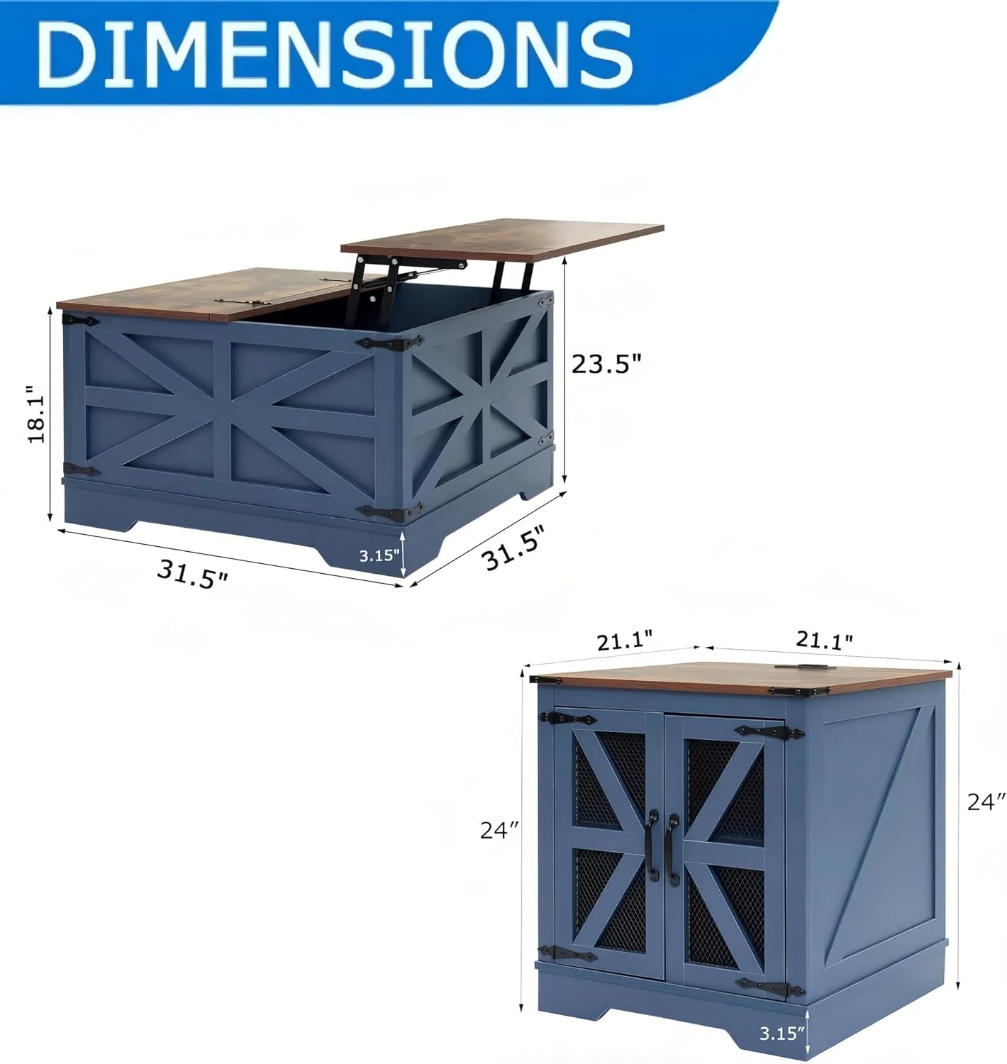 Farmhouse Nightstand with Charging Station Set of 2, Side Table with Barn Door and Storage, Rustic Wood Bedside Table, End Table for Living Room and Bedroom, Blue