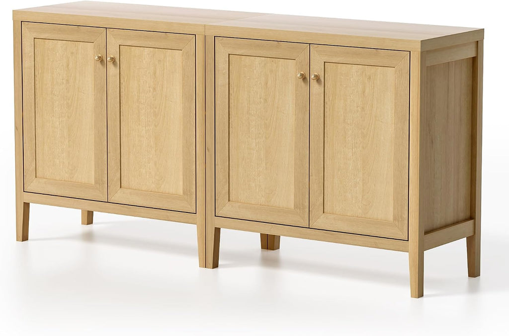 EYYTHUNG Farmhouse Buffet Cabinets Set of 2, Sideboard Storage Cabinet with Adjusable Shelve, Accent Cabinet Credenza, Kitchen Coffee Bar Console Table for Living Dining Room, Natural Oak