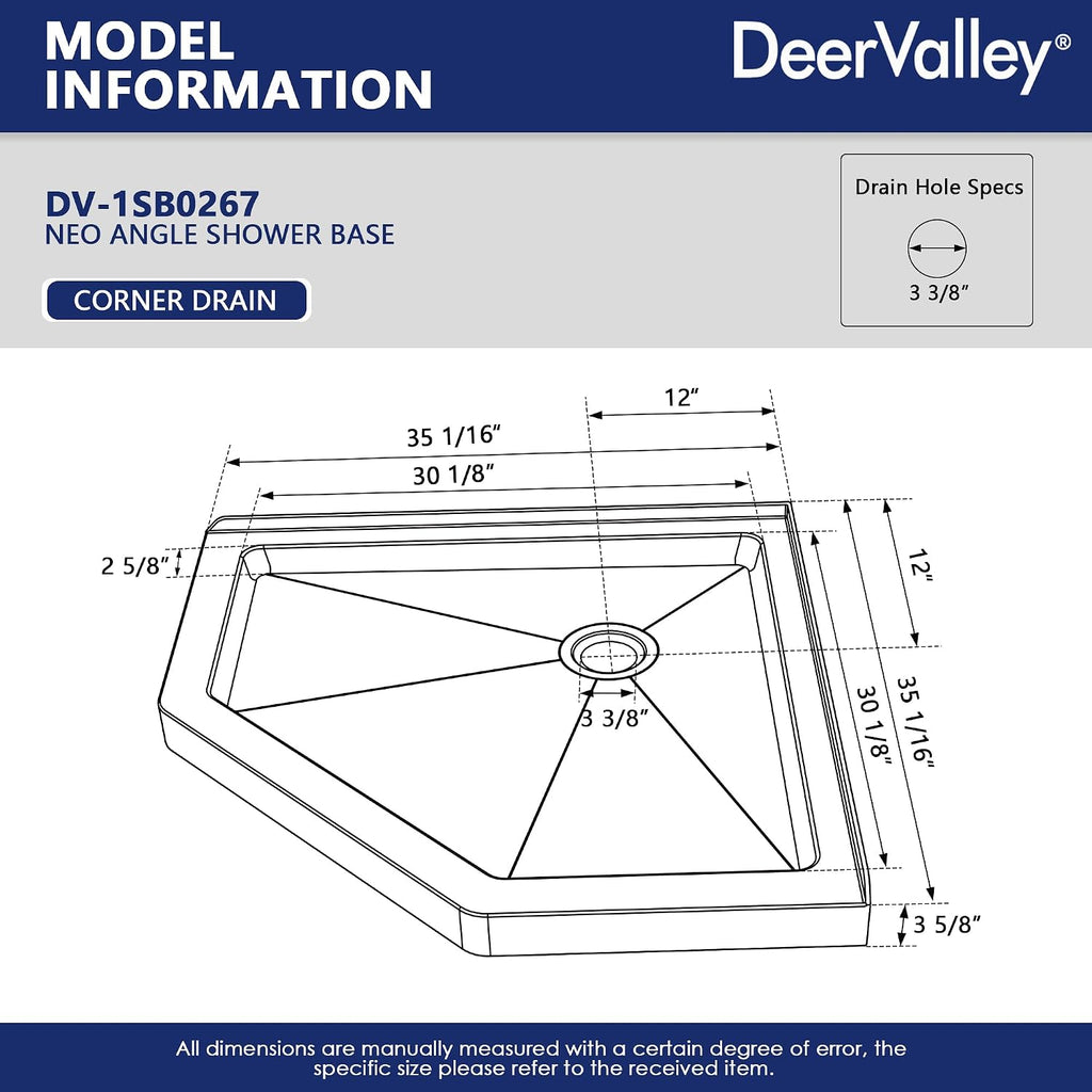 DeerValley 36'L X 36'W Neo-Angle Shower Base, White Single Threshold Acrylic Corner Shower Base, Non-Slip Textured Surface Bathroom Shower Floor Pan