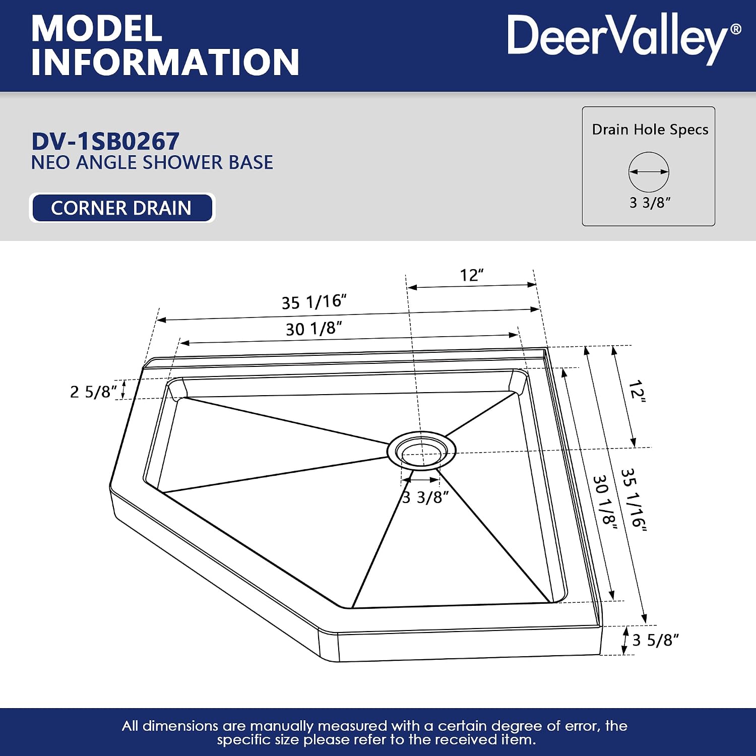 DeerValley 36'L X 36'W Neo-Angle Shower Base, White Single Threshold Acrylic Corner Shower Base, Non-Slip Textured Surface Bathroom Shower Floor Pan