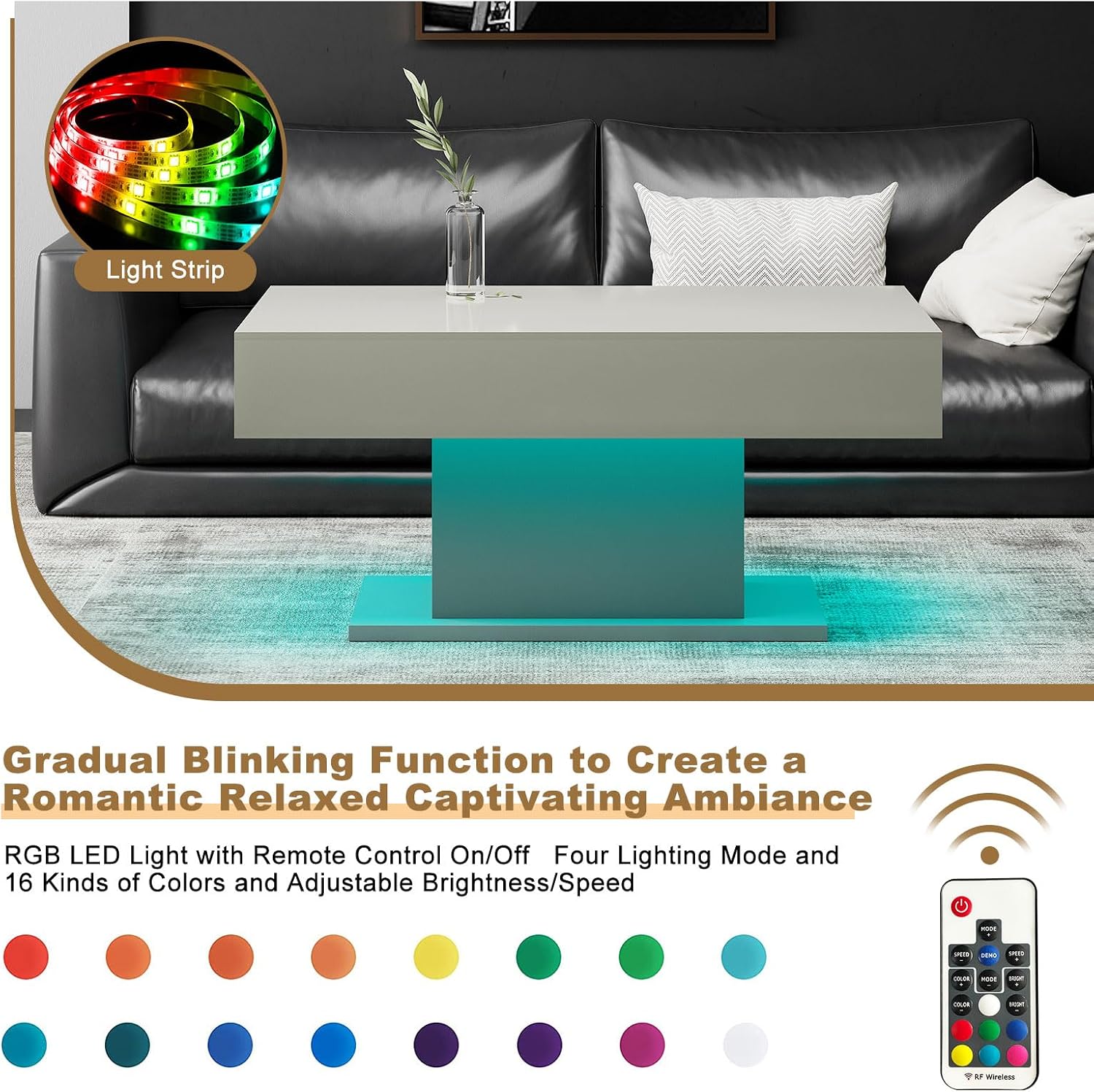 HedoAjim Led Coffee Table for Living Room, Living Room Table Rectangular Center Table, Modern High Glossy Wooden Coffee Tables with 16 Colors LED Lights for Dining Reception Room, Grey