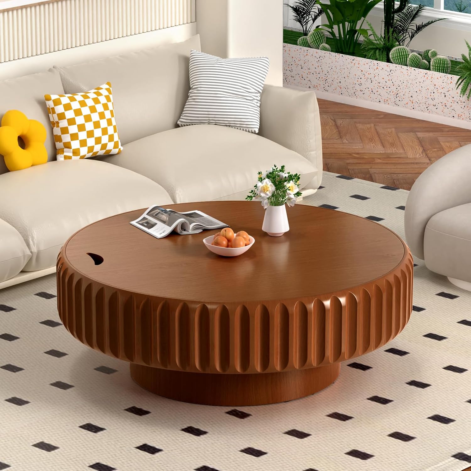 Chic Drum Coffee Table with Storage 39.37' Rustic Round Center Table - Handcraft Fluted Veneer Easy Assemble for Living Room Apartment (C 39.37in)