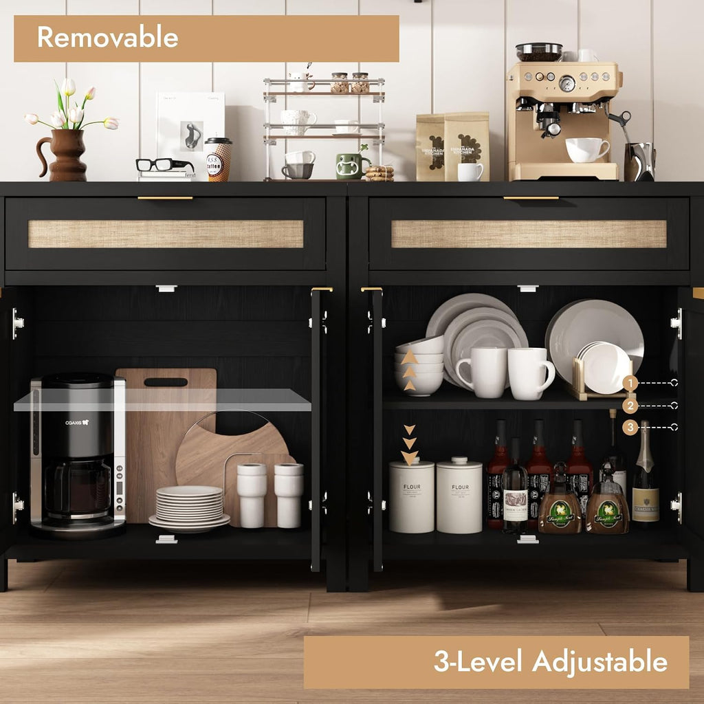 HOKYHOKY Rattan Sideboard Buffet Cabinet Set of 3, Boho Storage Cabinet with Adjustable Shelves, Farmhouse Credenza Coffee Bar Table with Doors & Drawer for Living Room, Hallway & Kitchen, Black