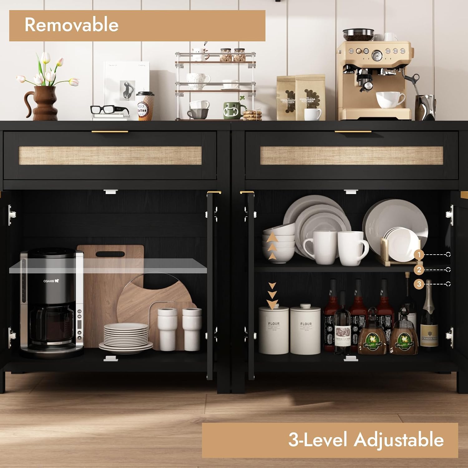 HOKYHOKY Rattan Sideboard Buffet Cabinet Set of 3, Boho Storage Cabinet with Adjustable Shelves, Farmhouse Credenza Coffee Bar Table with Doors & Drawer for Living Room, Hallway & Kitchen, Black