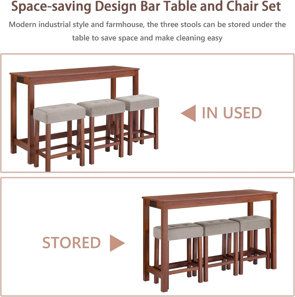 Merax 59 Inch Industrial Bar Table Set with Power Outlet & 3 Stools, Kitchen Dining Table with Charging Station, Counter Height Workstation for Small Space,Cherry