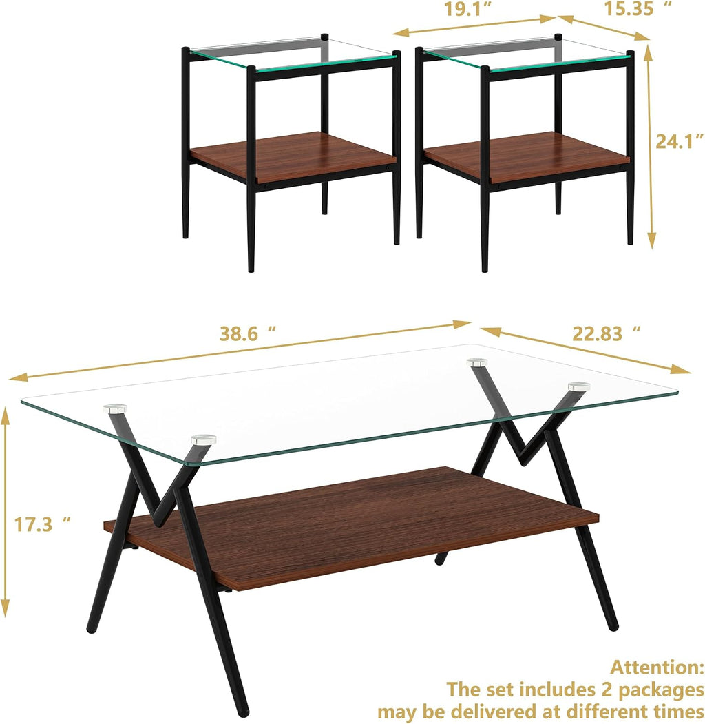 Glass Coffee Table Sets of 3 Modern Brown Living Room Table Set End Tables with Black Metal Legs & Wood Walnut Bottom Shelf, Center Cocktail Furniture, Clear + Brown