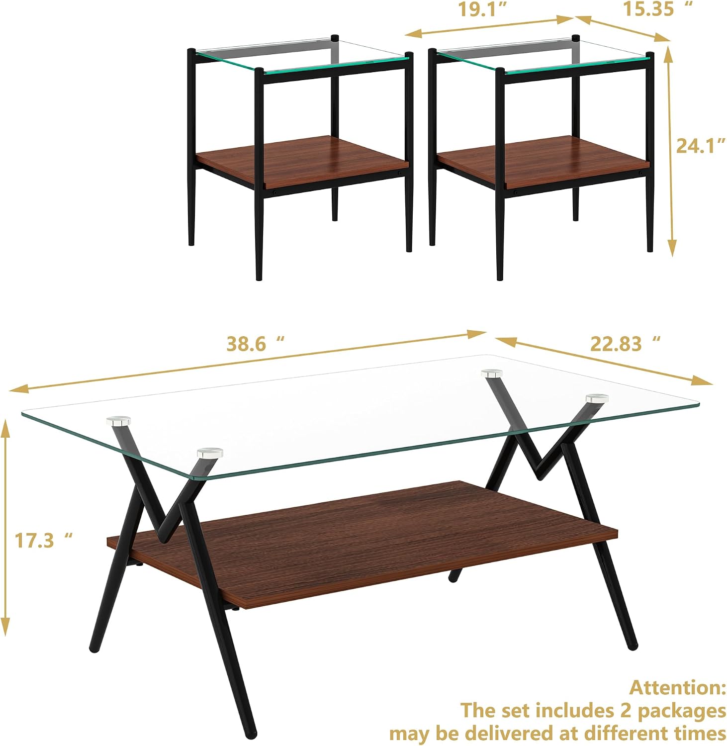 Glass Coffee Table Sets of 3 Modern Brown Living Room Table Set End Tables with Black Metal Legs & Wood Walnut Bottom Shelf, Center Cocktail Furniture, Clear + Brown