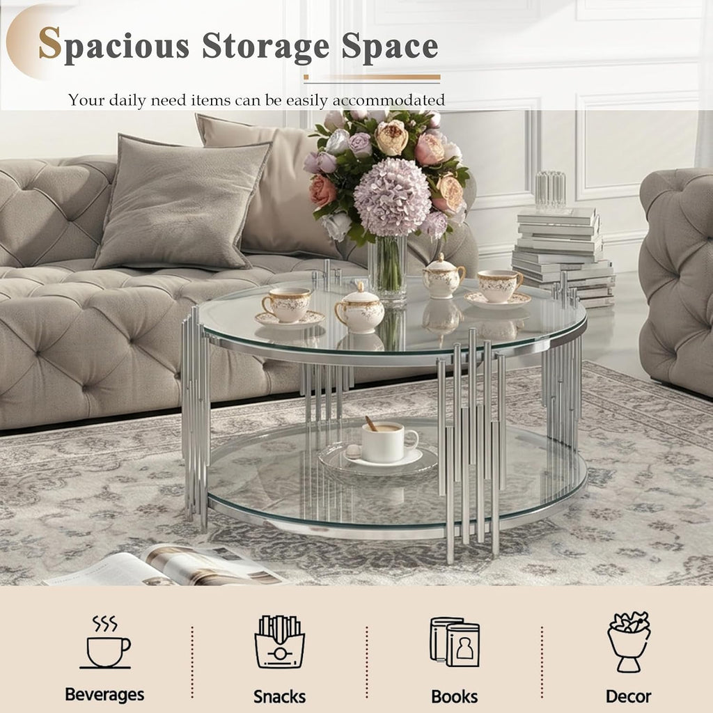 Round Glass Coffee Table with Storage, Luxury 2-Tier Living Room Center Table w/Silver Stainless Steel Frame, Modern 31.5' Circle Glass Coffee Cocktail Tea Table for Home Office