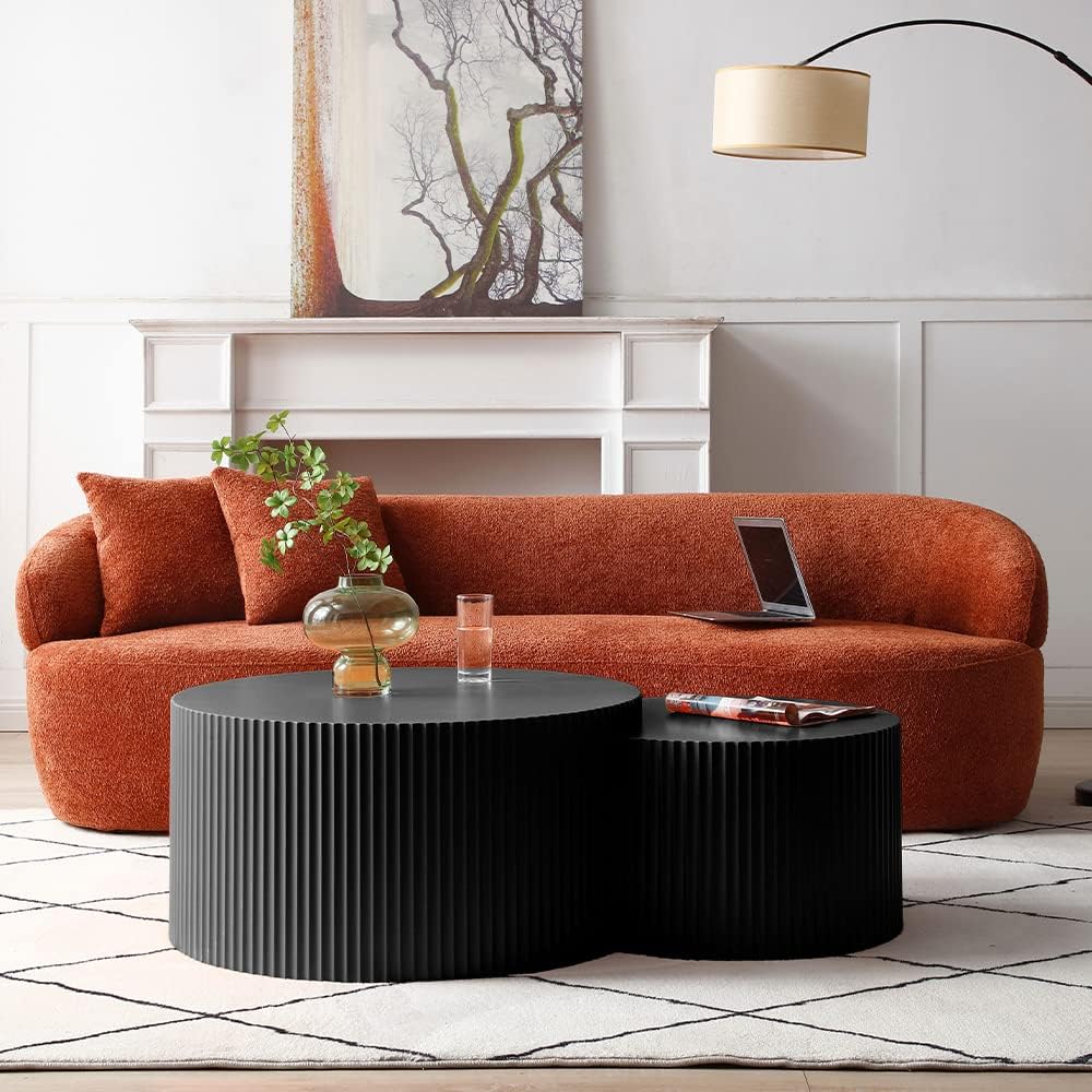 WILLIAMSPACE Nesting Coffee Table Set of 2, Round & Crescent Moon Wooden Coffee Tables, Modern Luxury Accent End Tea Table for Living Room Apartment (Black-Round)