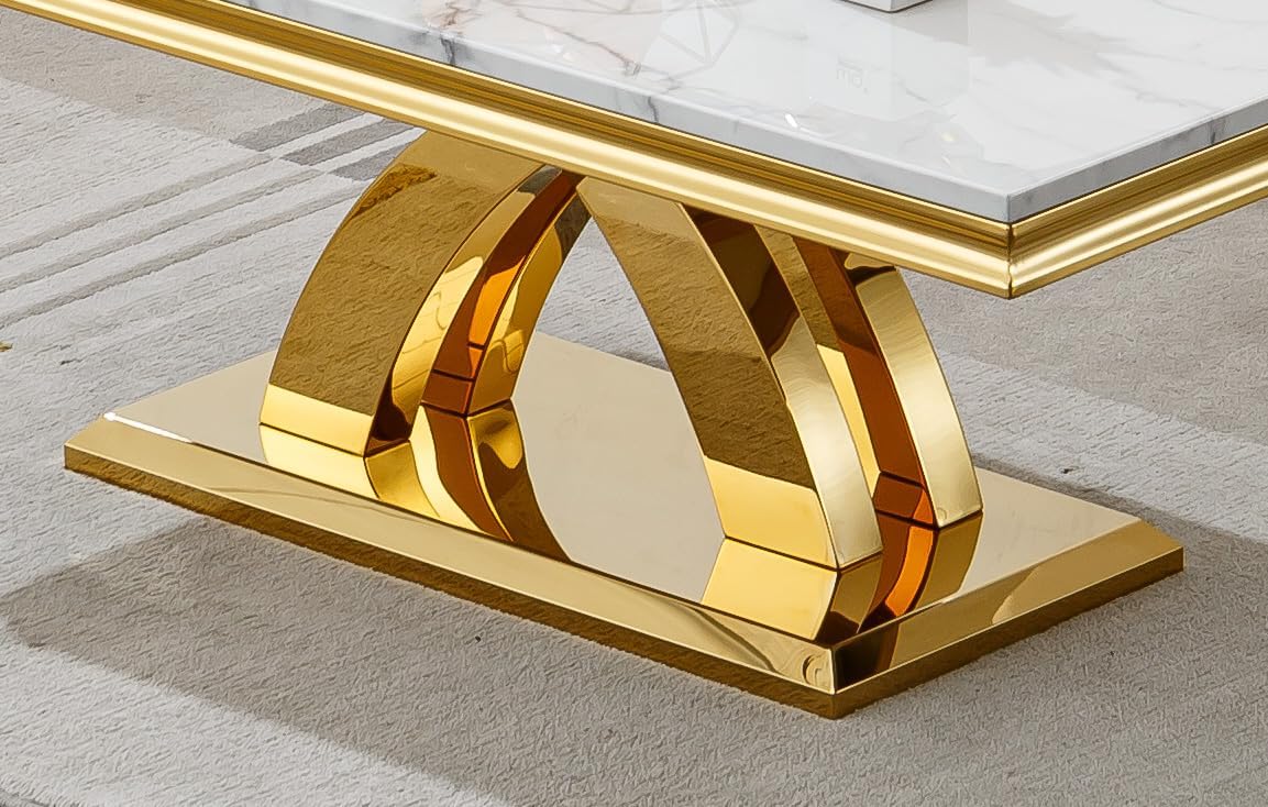 Modern Rectangle Coffee Table, 47-inch Coffee Tables for Living Room, White Faux Marble Coffee Table Accent Cocktail Table with Gold Stainless Steel X-Shape Frame for Home Office