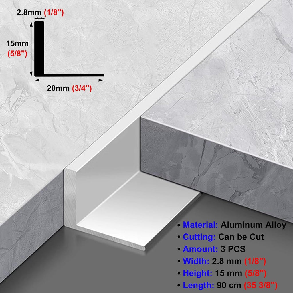 Floor Transition Strip 35 Inch Long Transition Edging Strip L-Shaped, 3-Pack Threshold Gaps Flap Cover for Wooden Flooring, 90° Floor Thresholds Transition Bar for D,Silver
