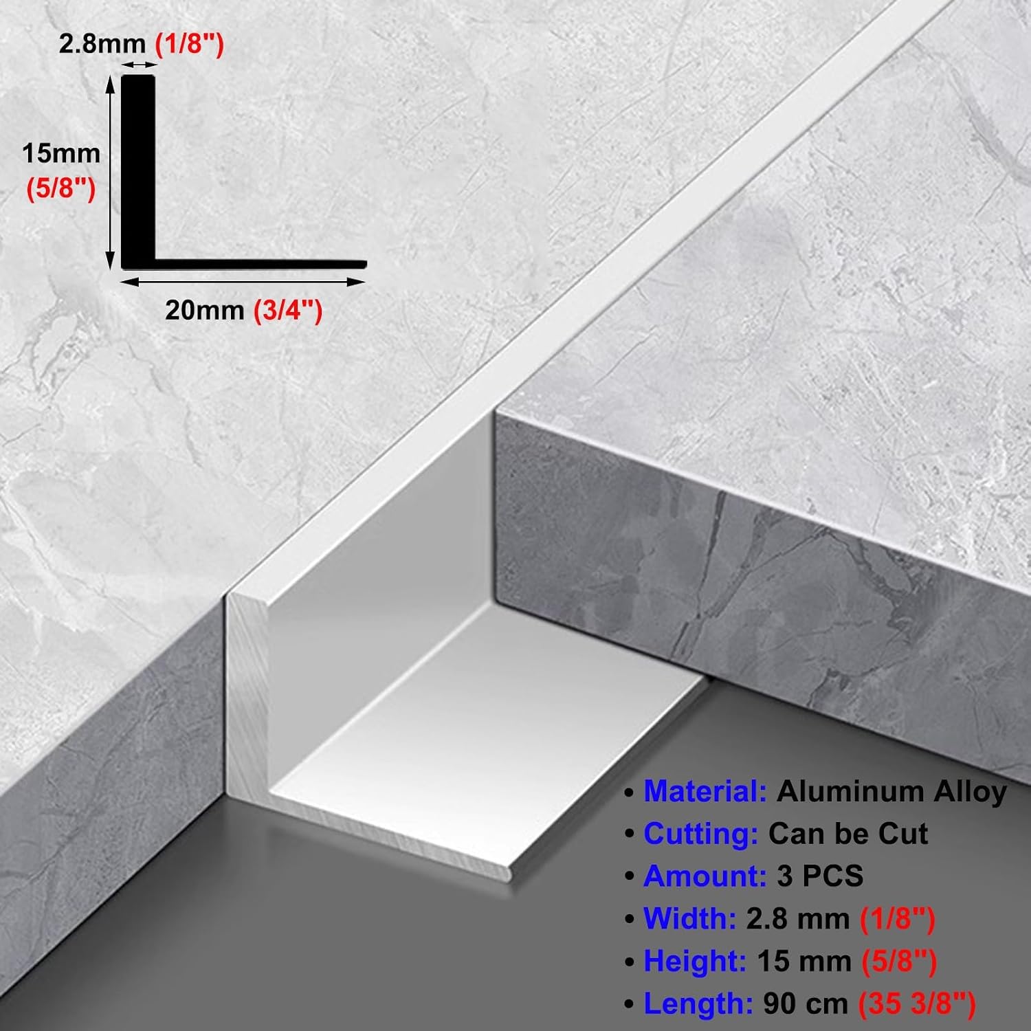 Floor Transition Strip 35 Inch Long Transition Edging Strip L-Shaped, 3-Pack Threshold Gaps Flap Cover for Wooden Flooring, 90° Floor Thresholds Transition Bar for D,Silver