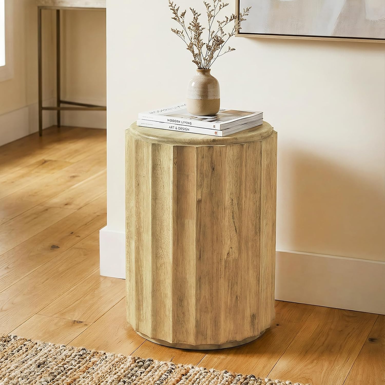 Round Side Table,Coffee Table with for Small Space,Fully Assembled End Table with Gold Geometric Design & Wave Pattern,Nightstand for Living Room,Bedroom,Office,18 Inch (Wavy Natural Wood)